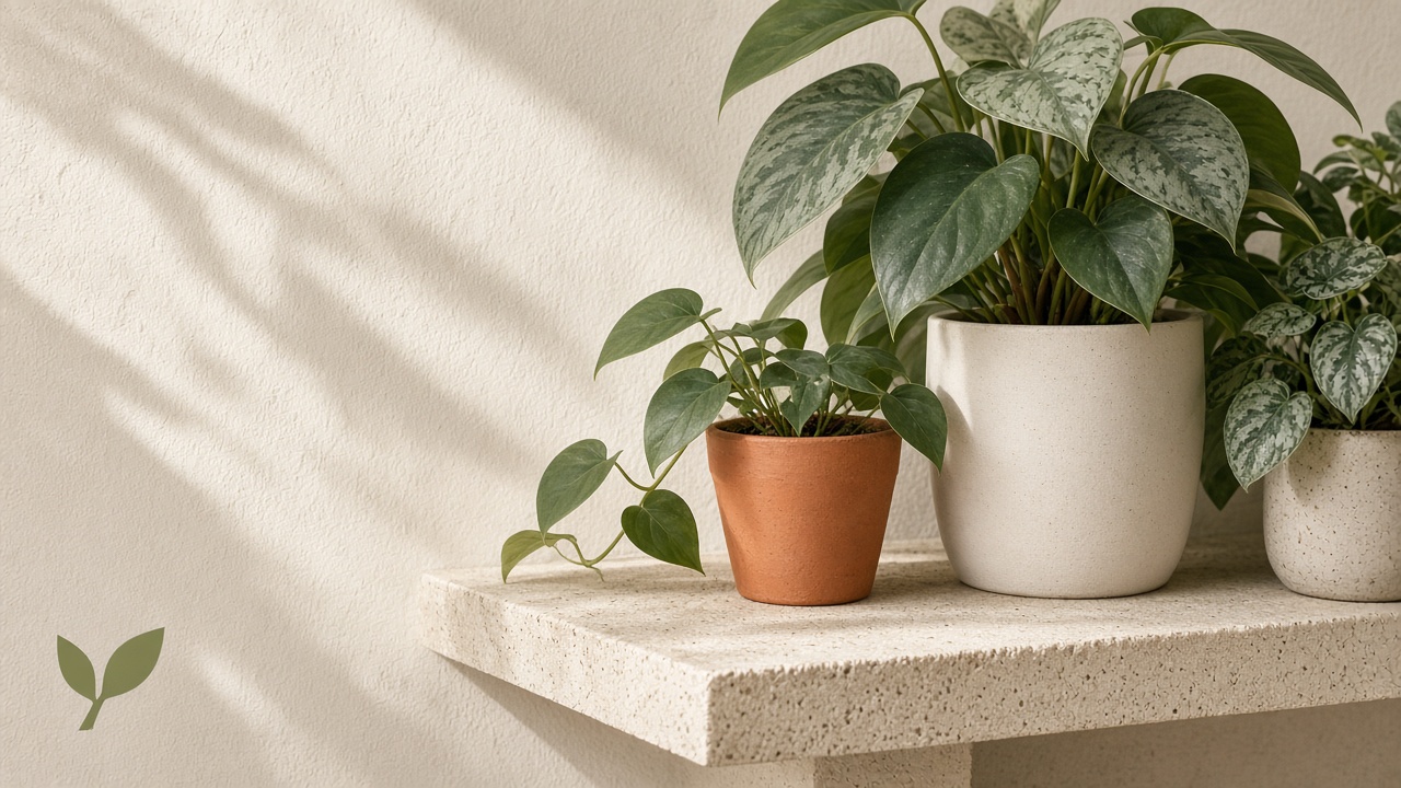 Rootline — household plants on a cream shelf with soft daylight